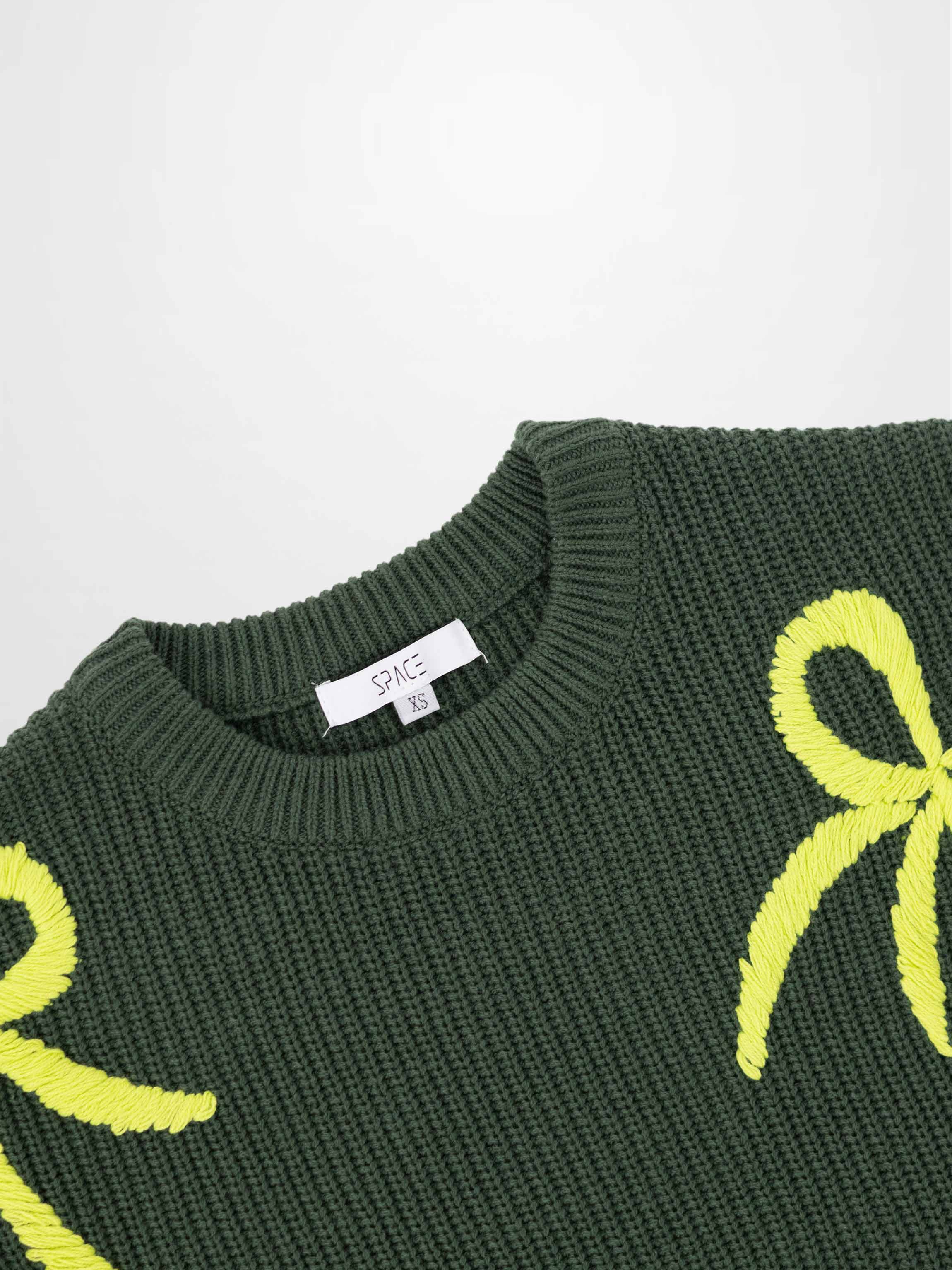 Bow Ribbon Sweater in Green/Lime - Cozy Knit with Elegant Detail
