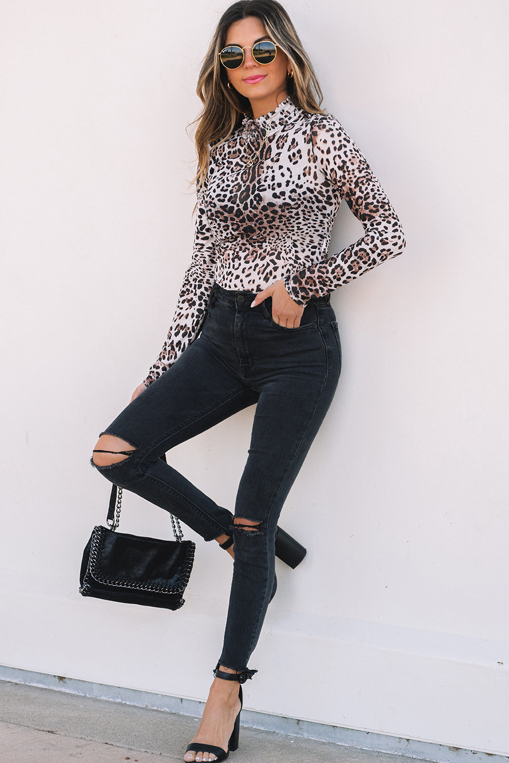 Leopard Smocked Neck Mesh Long Sleeve Bodysuit - Sheer Fashion Top
