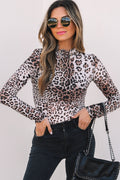 Leopard Smocked Neck Mesh Long Sleeve Bodysuit - Sheer Fashion Top