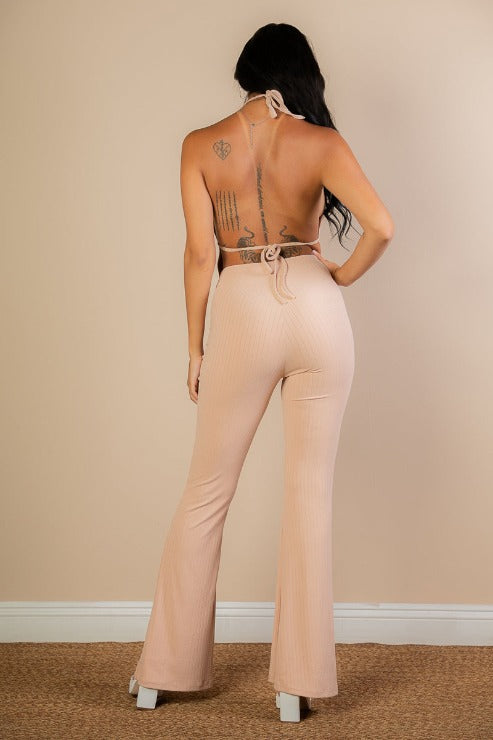 CAPELLA Split Front Backless Halter Top & Flare Pants Set - Two Piece Outfit