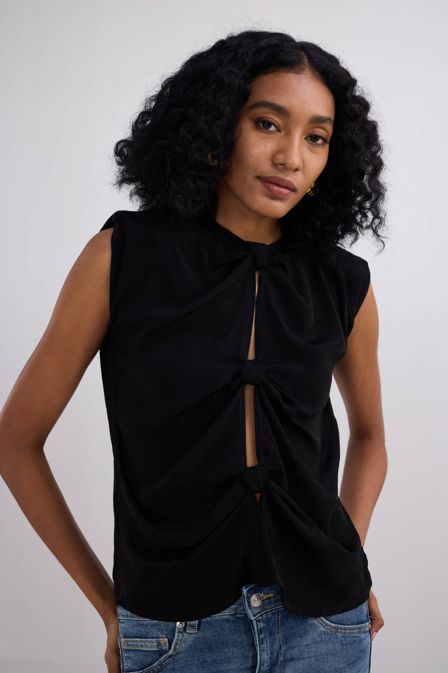The Knot-so-Basic Top in Black - Bemberg Crepe Front Knot Blouse