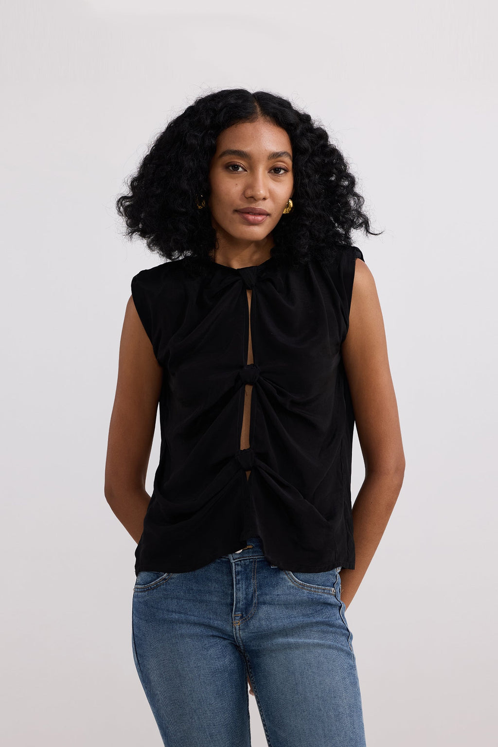 The Knot-so-Basic Top in Black - Bemberg Crepe Front Knot Blouse