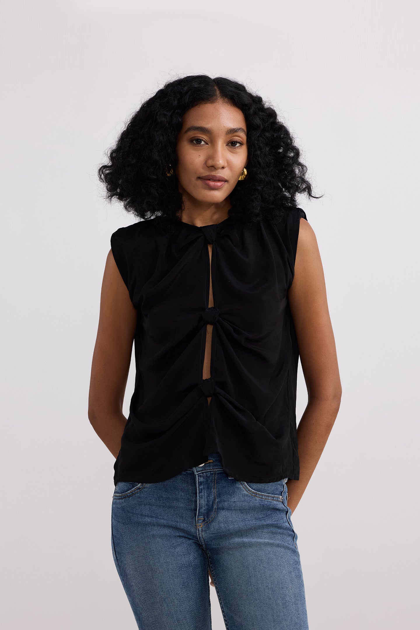 The Knot-so-Basic Top in Black - Bemberg Crepe Front Knot Blouse