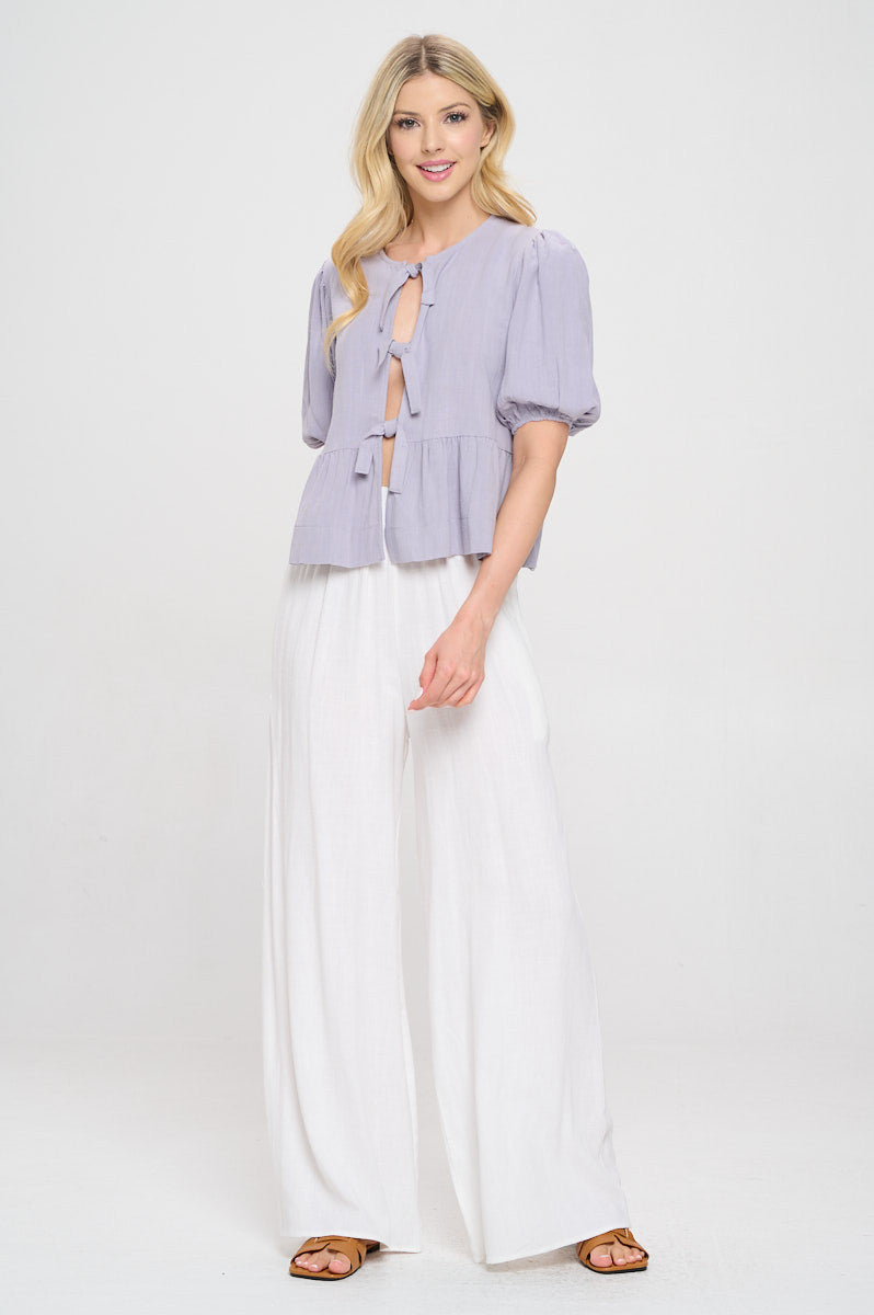 Linen Solid Puff Sleeve Top with Front Bow Detail - Made in USA