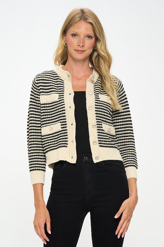 Knit Open Front Mini Cardigan with Buttons - Cropped Sweater
