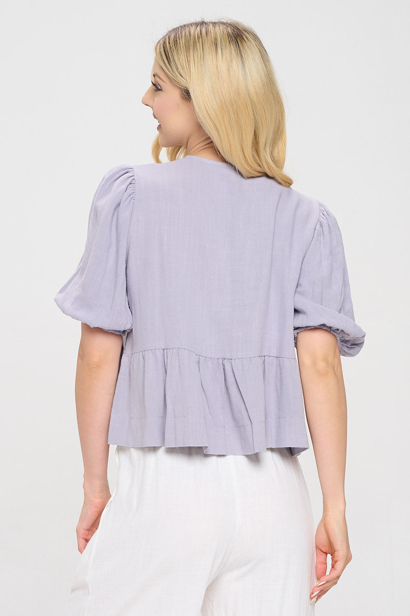 Linen Solid Puff Sleeve Top with Front Bow Detail - Made in USA