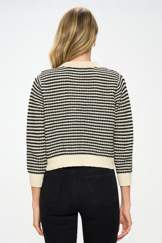 Knit Open Front Mini Cardigan with Buttons - Cropped Sweater