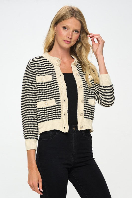 Knit Open Front Mini Cardigan with Buttons - Cropped Sweater
