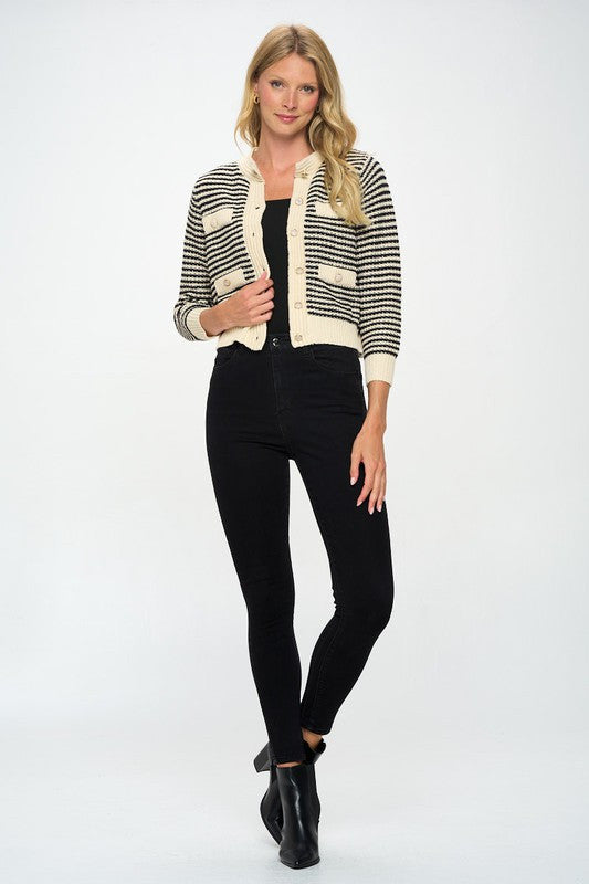 Knit Open Front Mini Cardigan with Buttons - Cropped Sweater